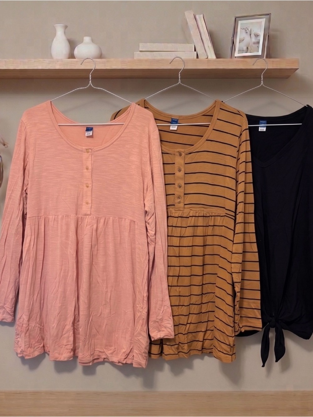 3-Pack Women's Long-Sleeve Old Navy Maternity Tops - Pink, Brown Stripe, Black